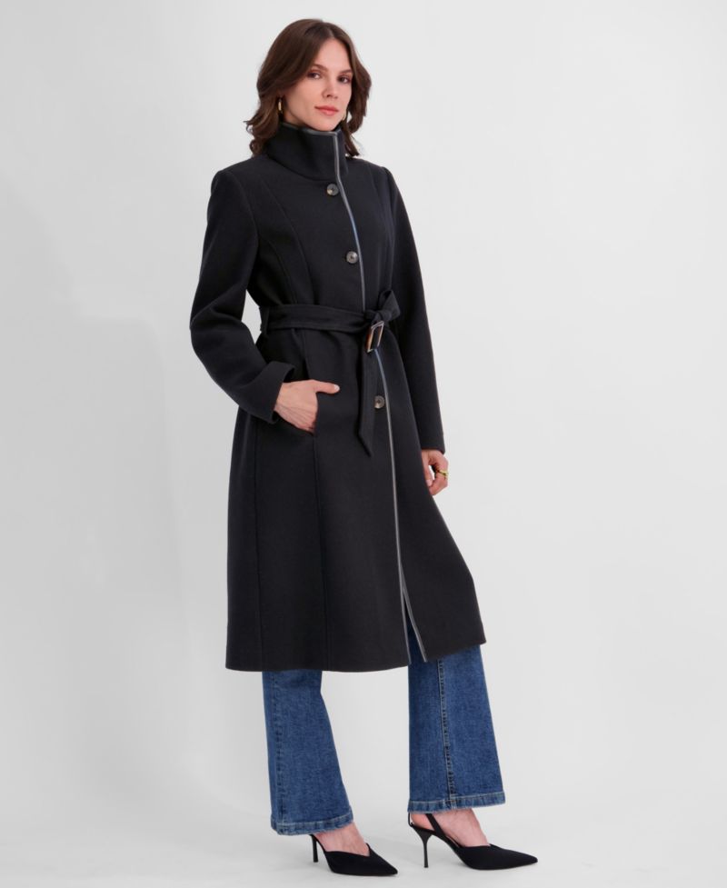 Women's Belted Faux-Leather Trimmed Funnel Neck Coat