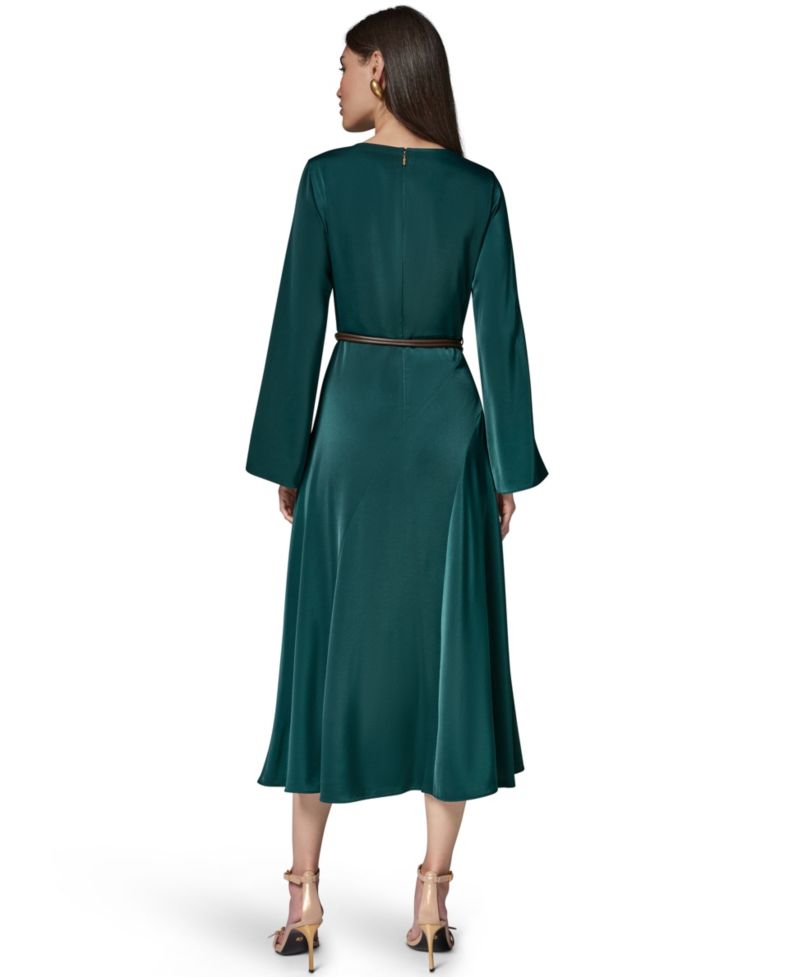 Satin Long-Sleeve Cowl Neck Belted A-Line Dress