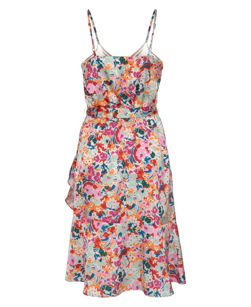 Women's Printed Satin Tie Waist V-Neck Elastic-Waist Midi Dress