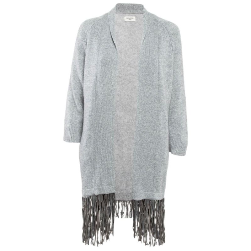 Women's Pre-Owned Zadig and Voltaire Delux Grey Cashmere Knit Open Front Fringed Cardigan