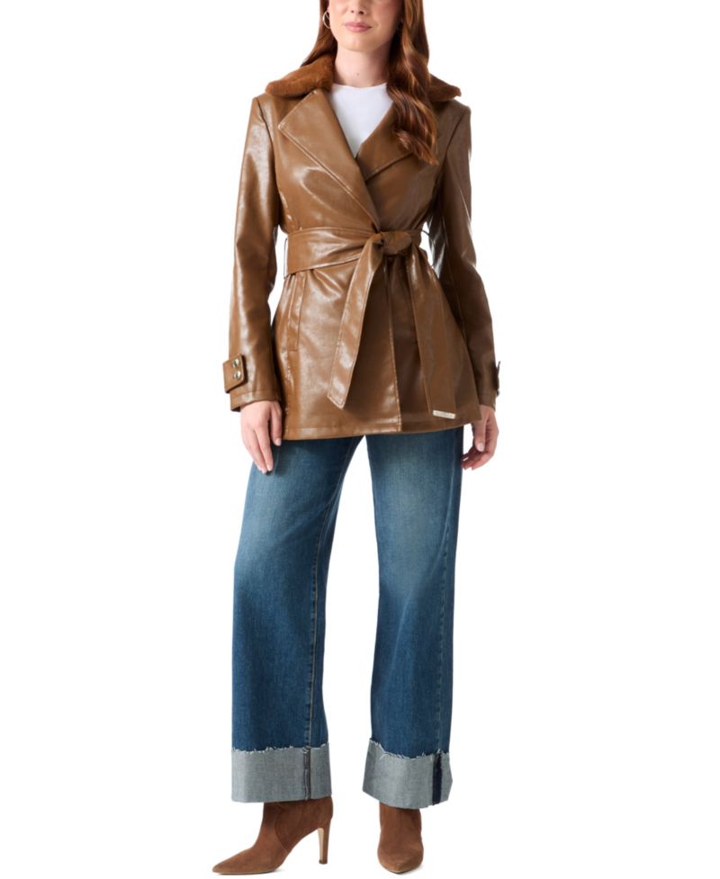 Women's Faux-Fur-Collared Belted Faux-Leather Trench Coat