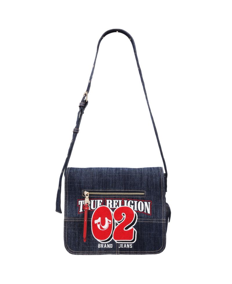Women's Varsity Logo Zip Pocket Denim Messenger Bag – Dark Denim Crossbody Bag