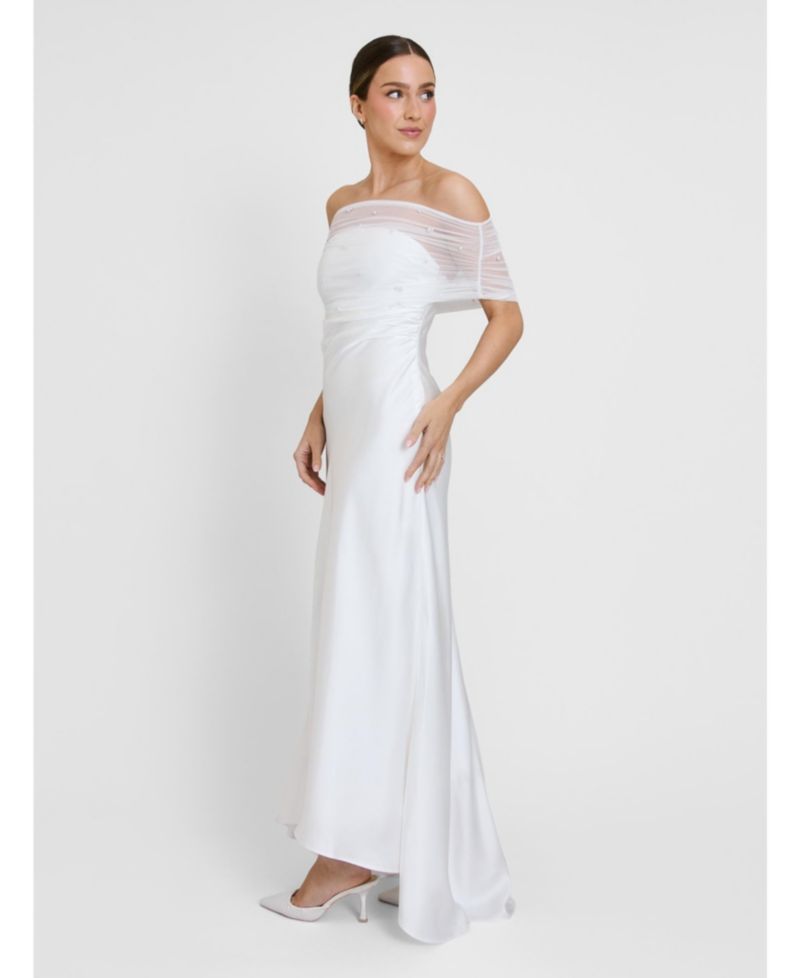 Women's Bardot Detail Beaded Satin Midaxi Dress