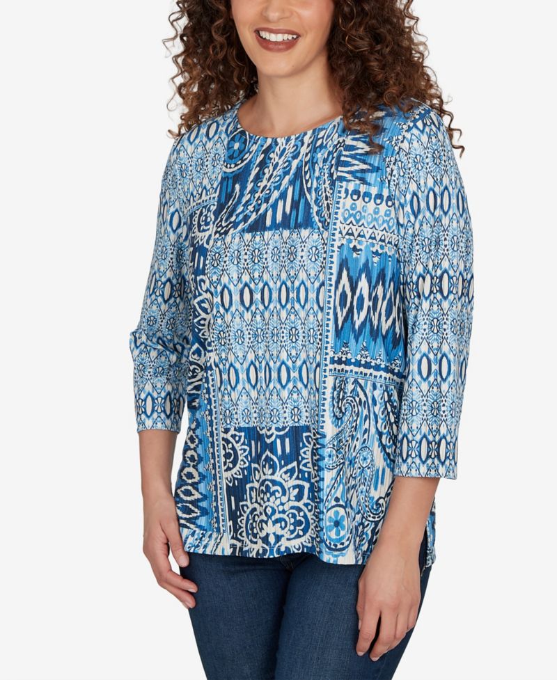 Petite Medallion Navy Patchwork Knit Top