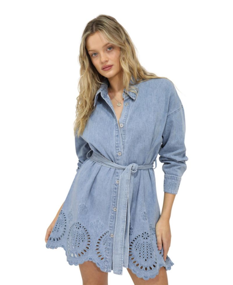 Women's Belle and Bloom Sunday Somewhere Denim Broderie Mini Shirt Dress