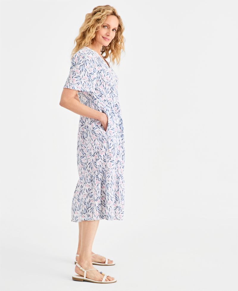 Women's Cotton Gauze Tiered Button-Front Midi Dress