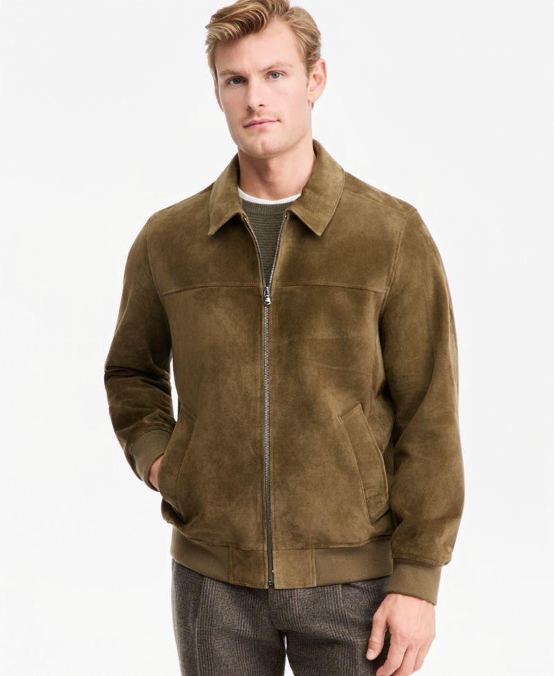 Men's Genuine Suede Shirt-Collar Bomber Jacket