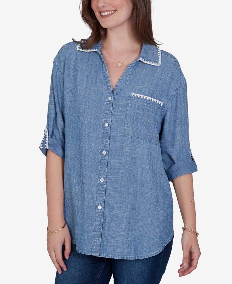 Petite 3/4-Sleeve Crochet-Trim Top with Curved Hem