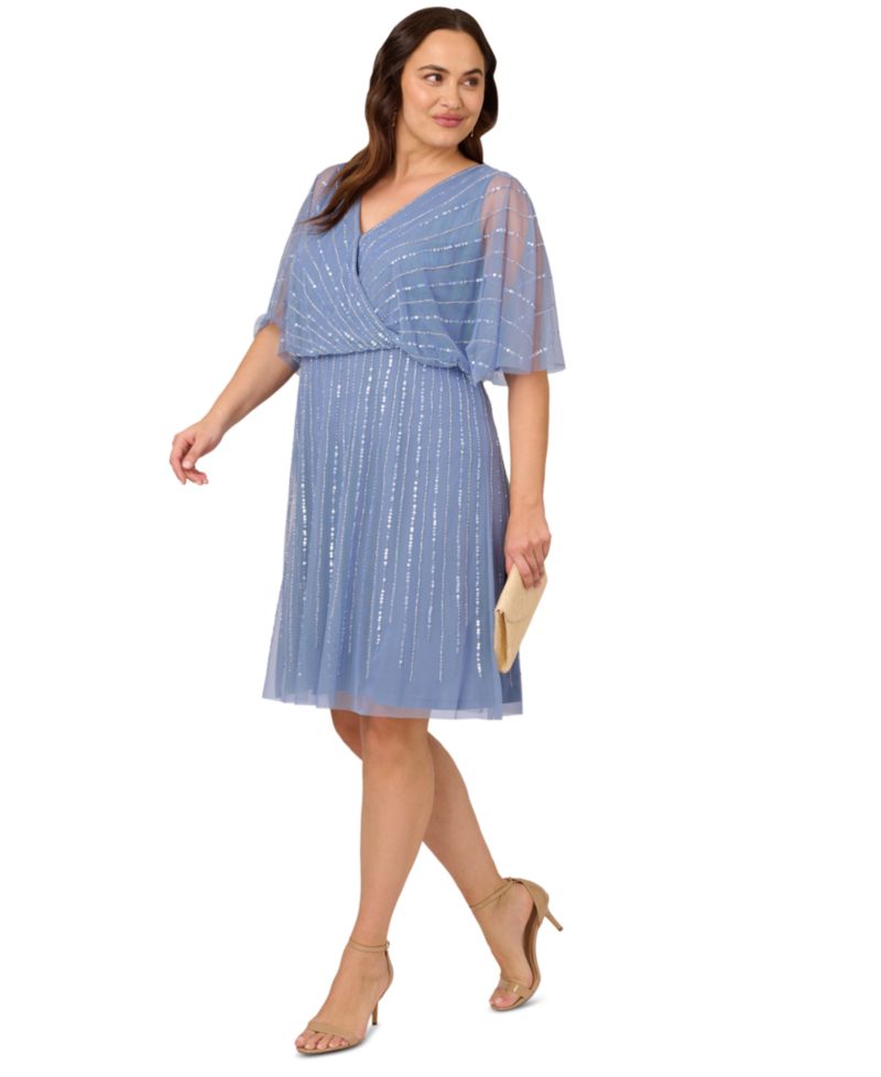 Plus Size Surplice-Neck Beaded Short Dress