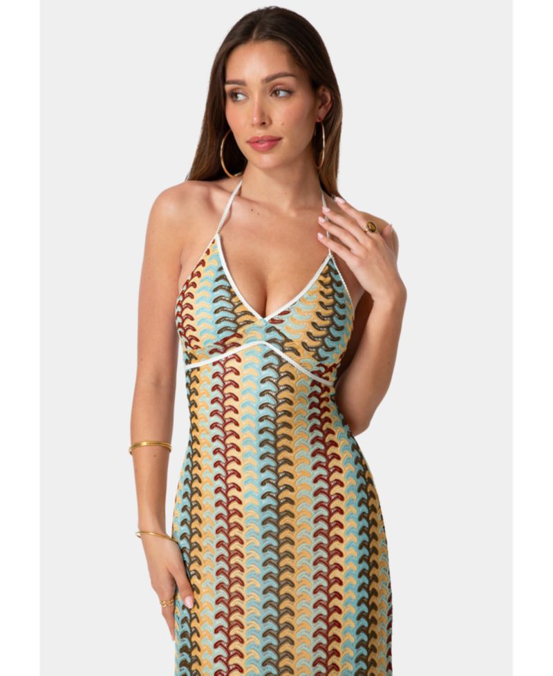 Women's Crochet Stripe Halter A-Line Maxi Dress