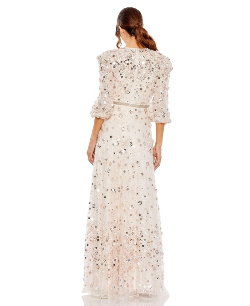 Women's Floral Applique Puff Sleeve High Neck A-Line Gown