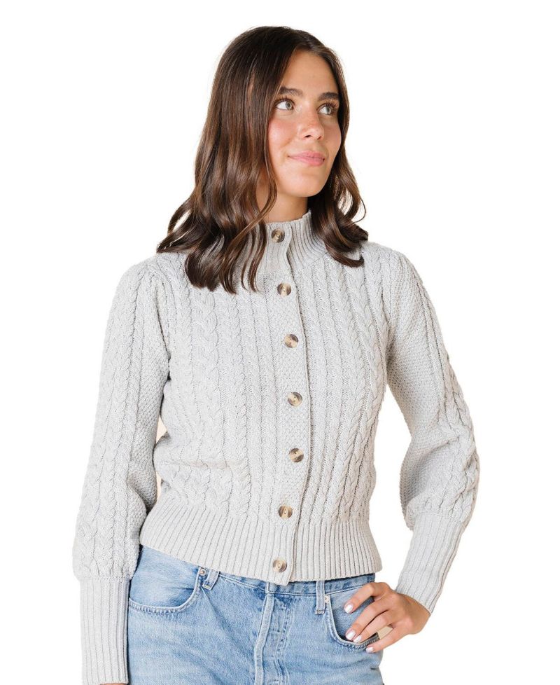 Women's Hope and Henry Organic Mock Neck Cable Cardigan Sweater