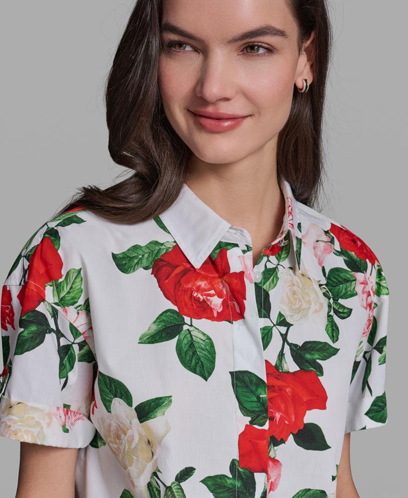 Petite Printed Poplin Collared Camp Top