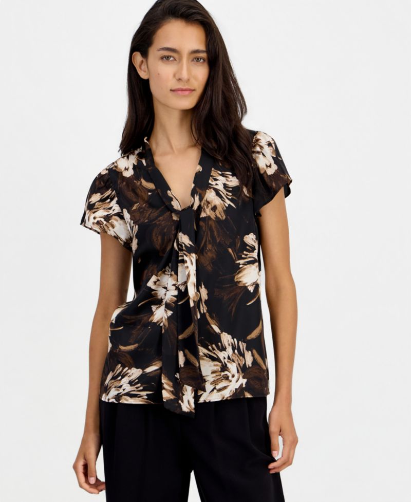 Women's Tie-Neck Short-Flutter-Sleeve Blouse