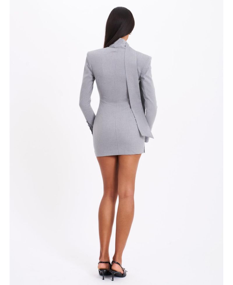 Women's Tahlia Deep V Pinstripes Gray Blazer Dress with scarf collar