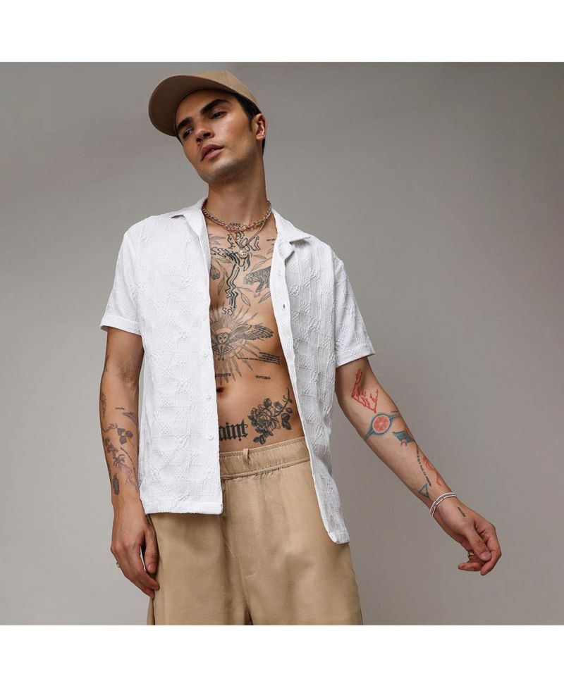 Men's Chalk White Creased-Check Shirt
