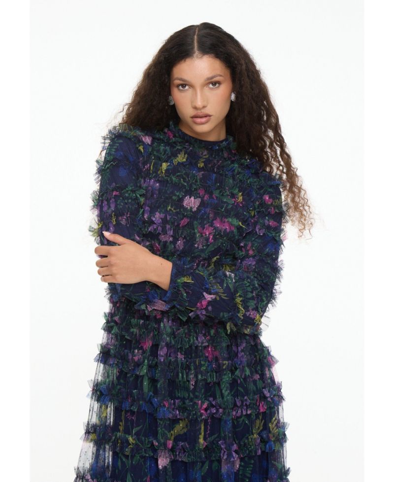 Women's Modest Floral Ruffle High Neck Maxi Dress