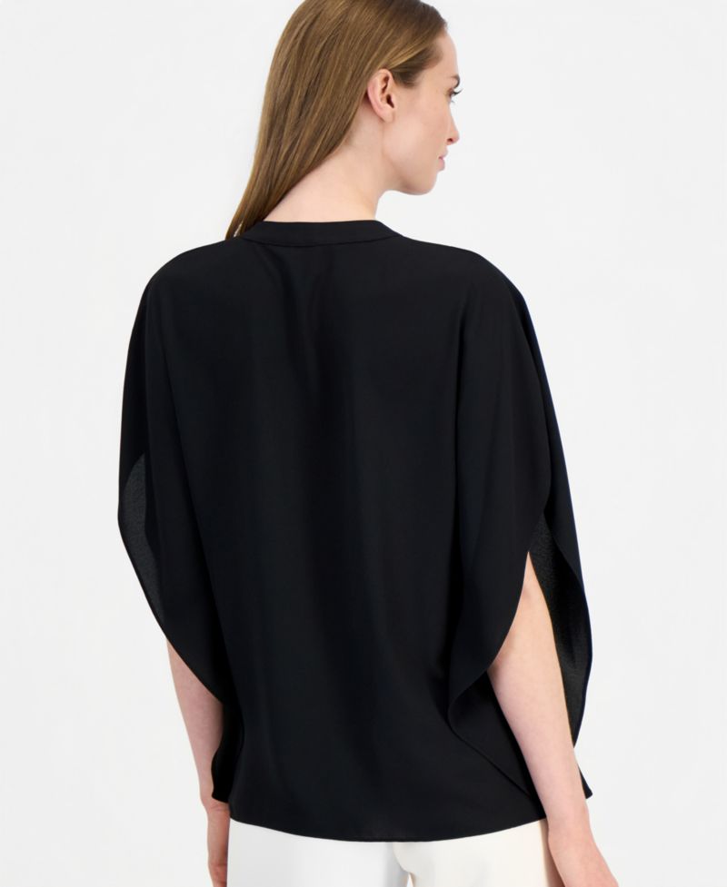 Petite Dolman Flutter Y-Neck Chiffon Blouse