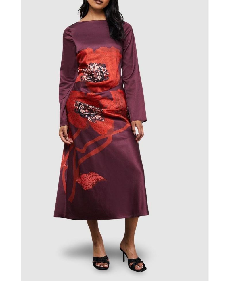 Women's Floral Placement Print Satin Midi Dress