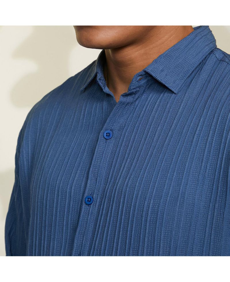 Men's Lapis Blue Self-Design Striped Shirt