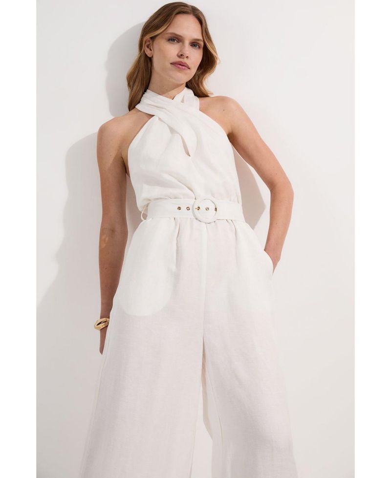 Women's Linen Blend Wide Leg Belted Jumpsuit