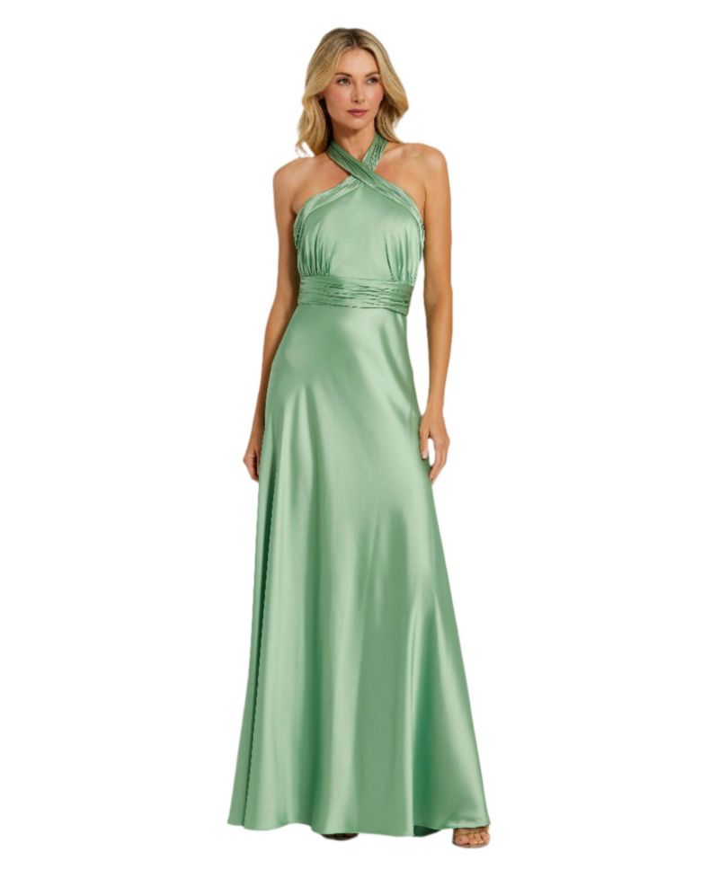 Women's Ruched Halter Neck Tie Back Satin Gown