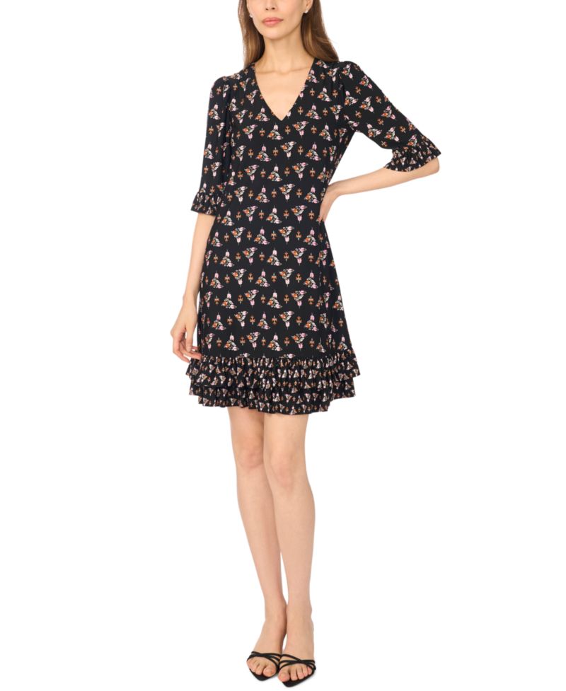 Women's Ruffle-Hem V-Neck 3/4-Sleeve Dress