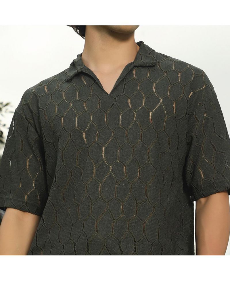 Men's Juniper Green Honeycomb-Knit Polo T-Shirt
