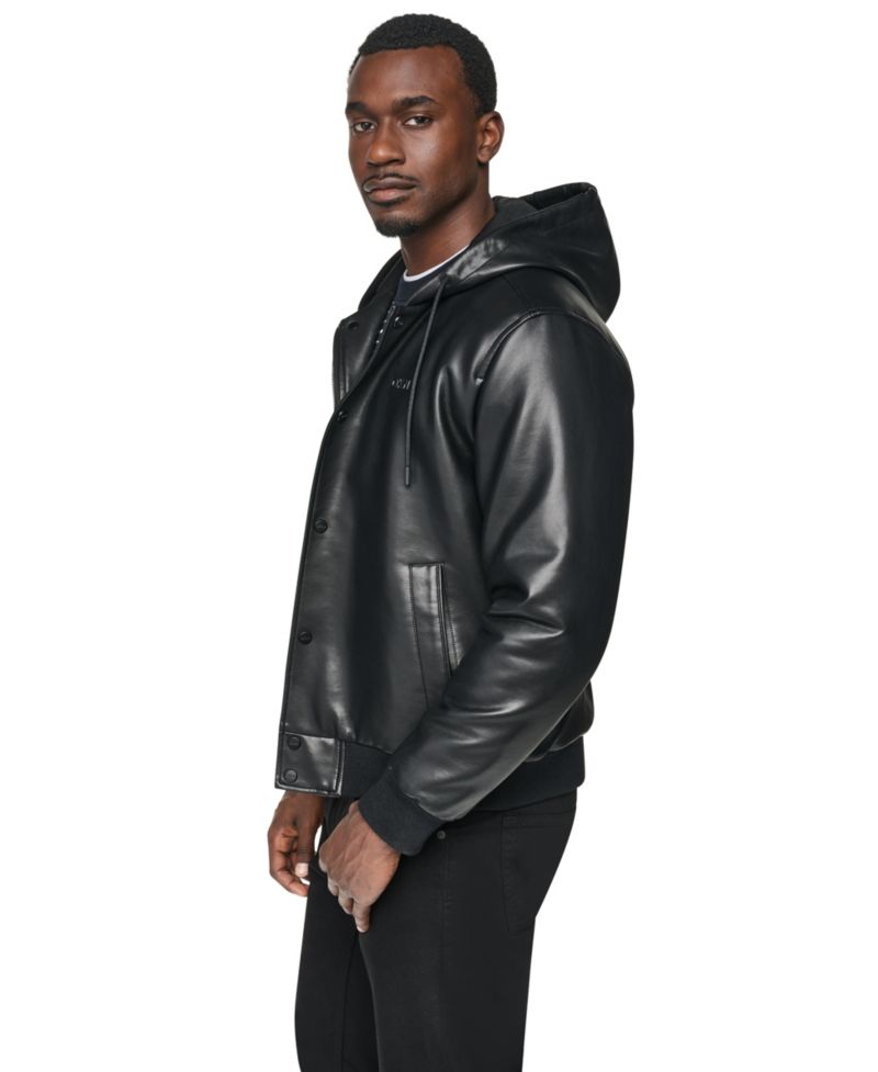 Men's Hooded Faux Leather Bomber Jacket