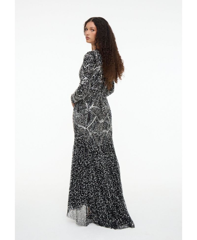 Women's Modest Embellished Sequin Beaded Dress Maxi With Fit Bodice and Trail