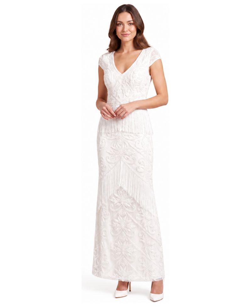Women's Cap Sleeve Bridal Beaded Gown with Fringe