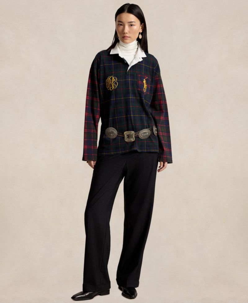 Women's Long-Sleeve Rugby Collar Plaid Rugby Jersey