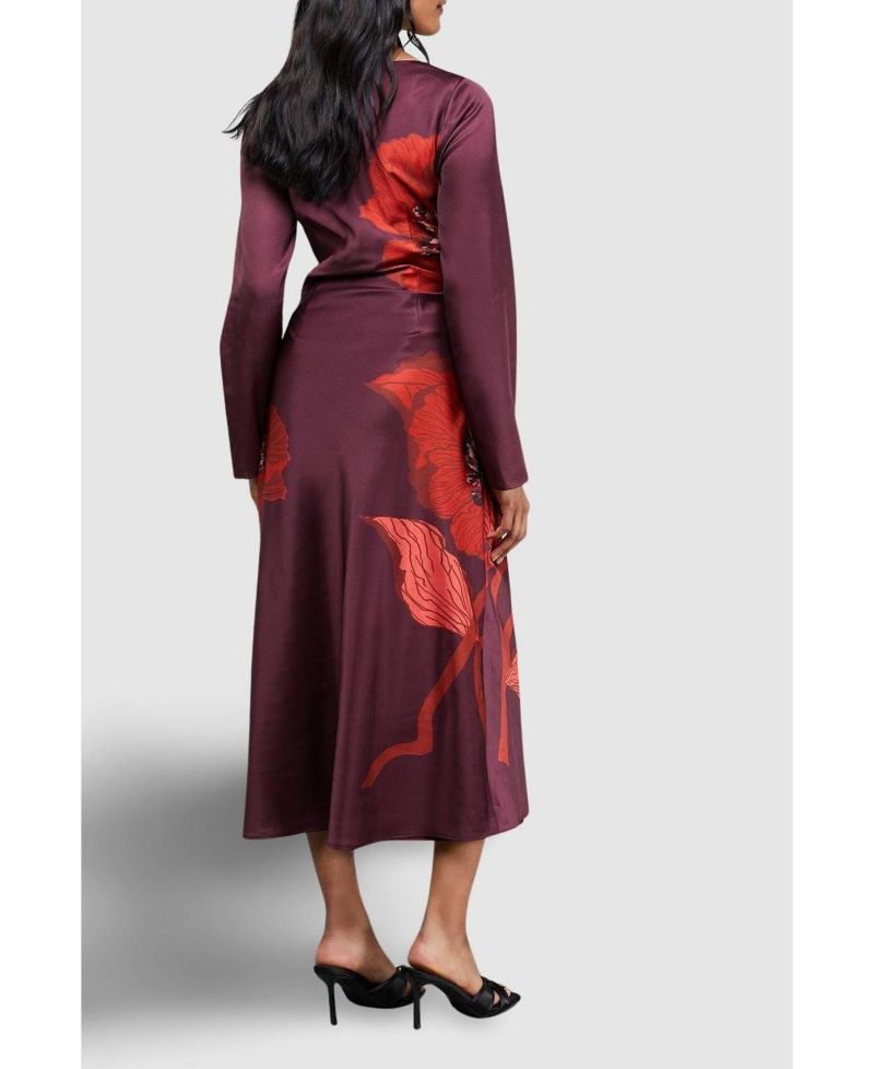 Women's Floral Placement Print Satin Midi Dress