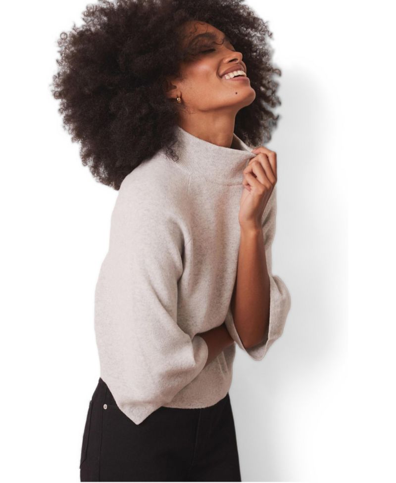 Women's Mock Neck 3/4-Sleeve Bell Sleeve Cotton-Blend Top