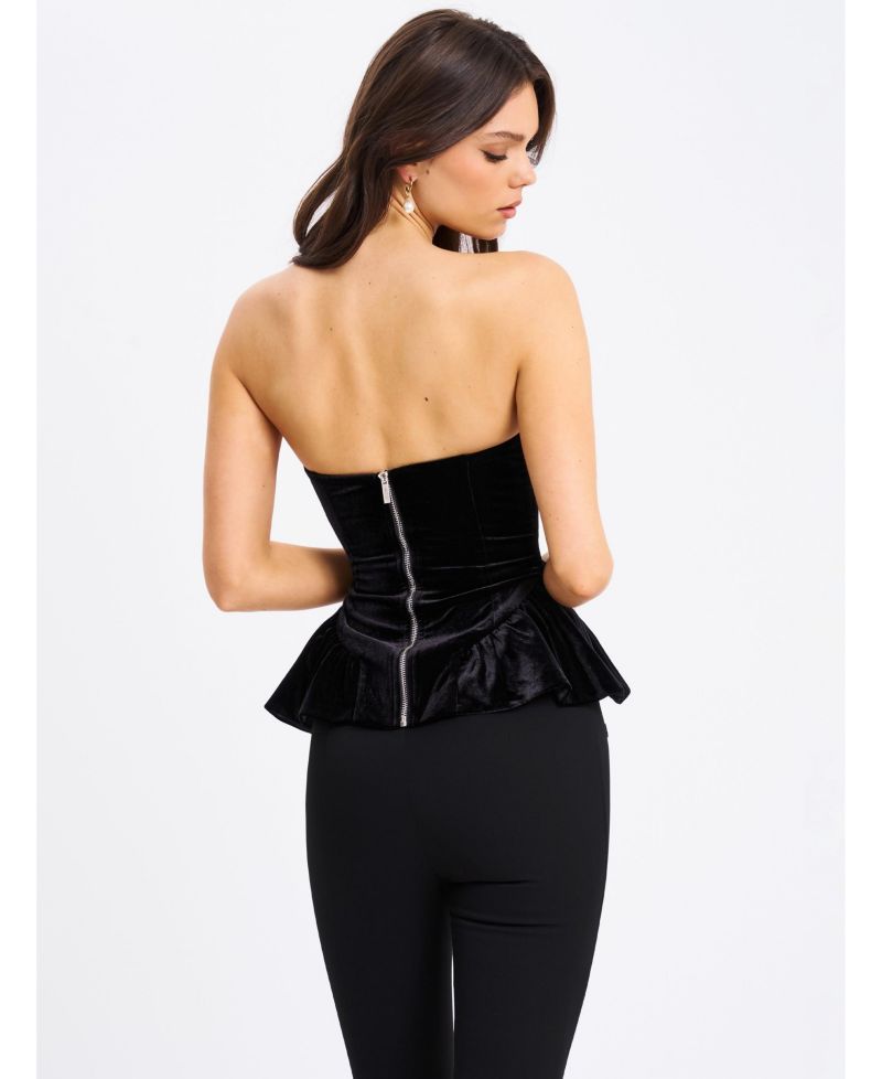 Women's Qiara Black Velvet Peplum Top with Lace Trim