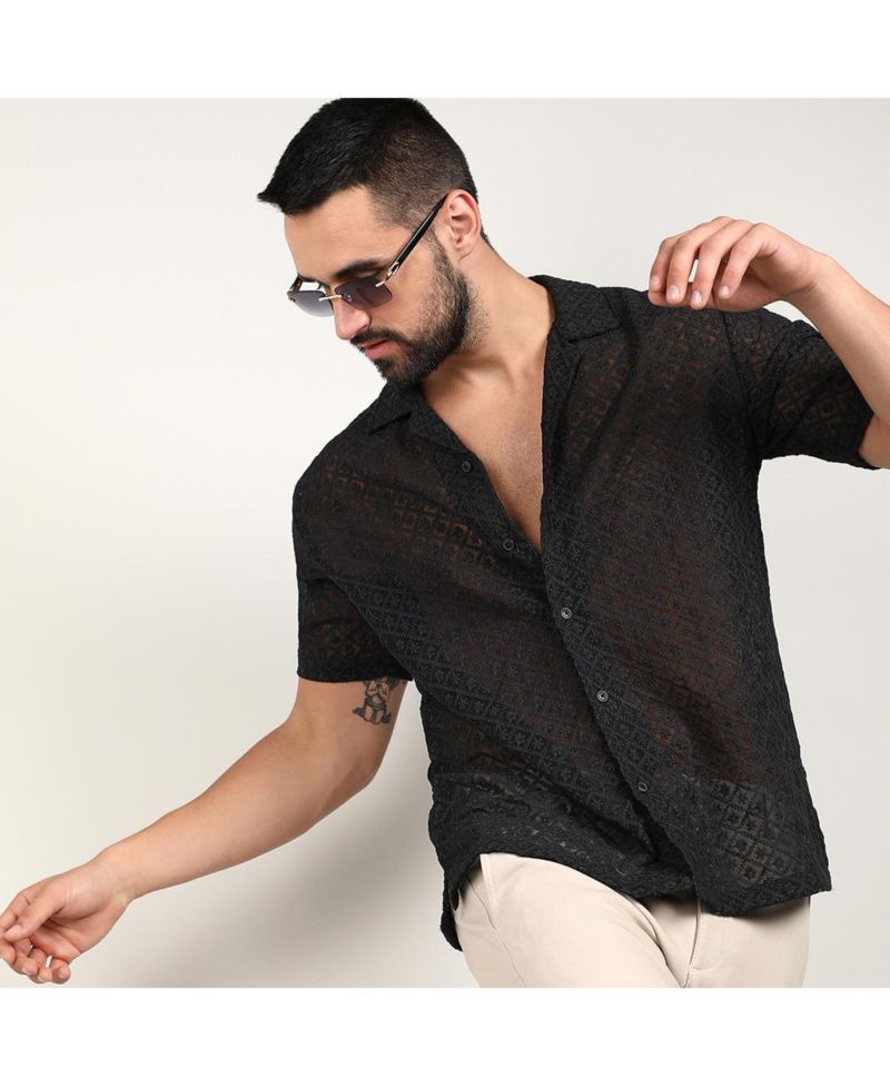 Men's Midnight Black Floral Embroidered Shirt