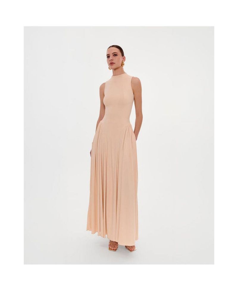 Womens Nude Sleeveless Mock Neck Dress with a Pleated Maxi Skirt