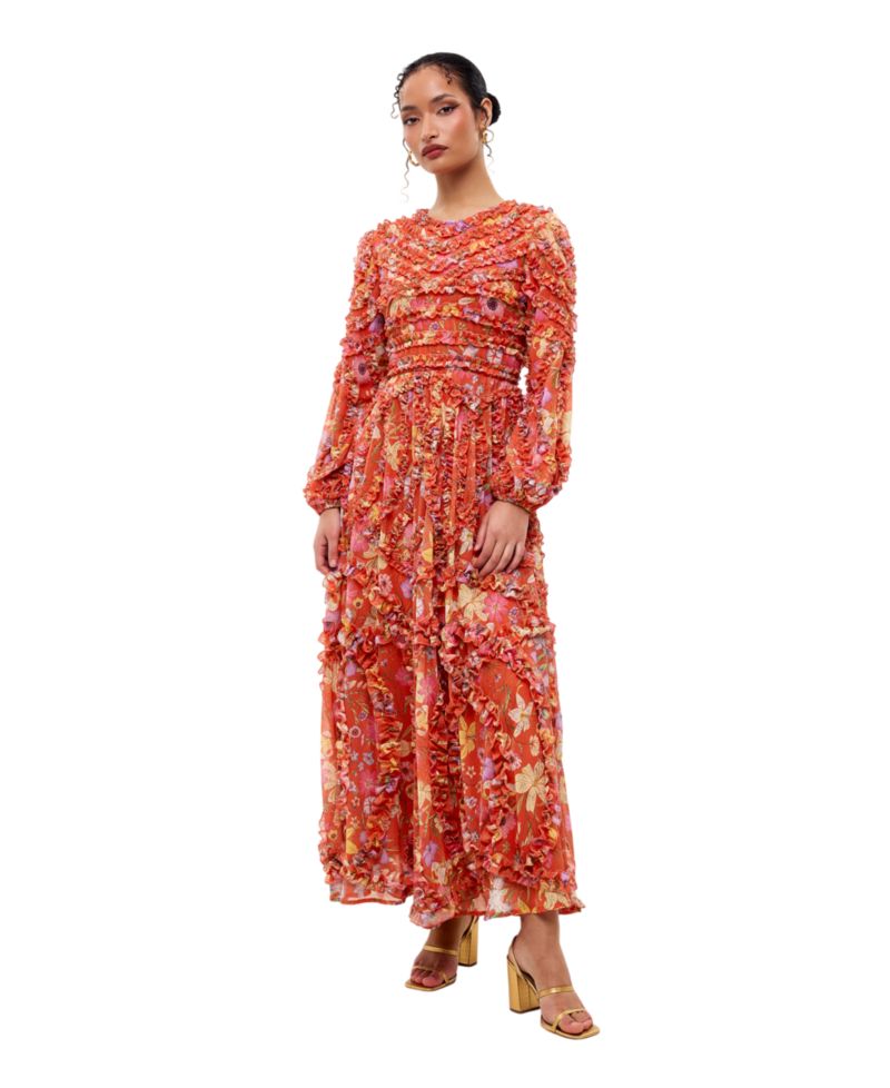 Women's Modest Ruffle Floral Net Dress