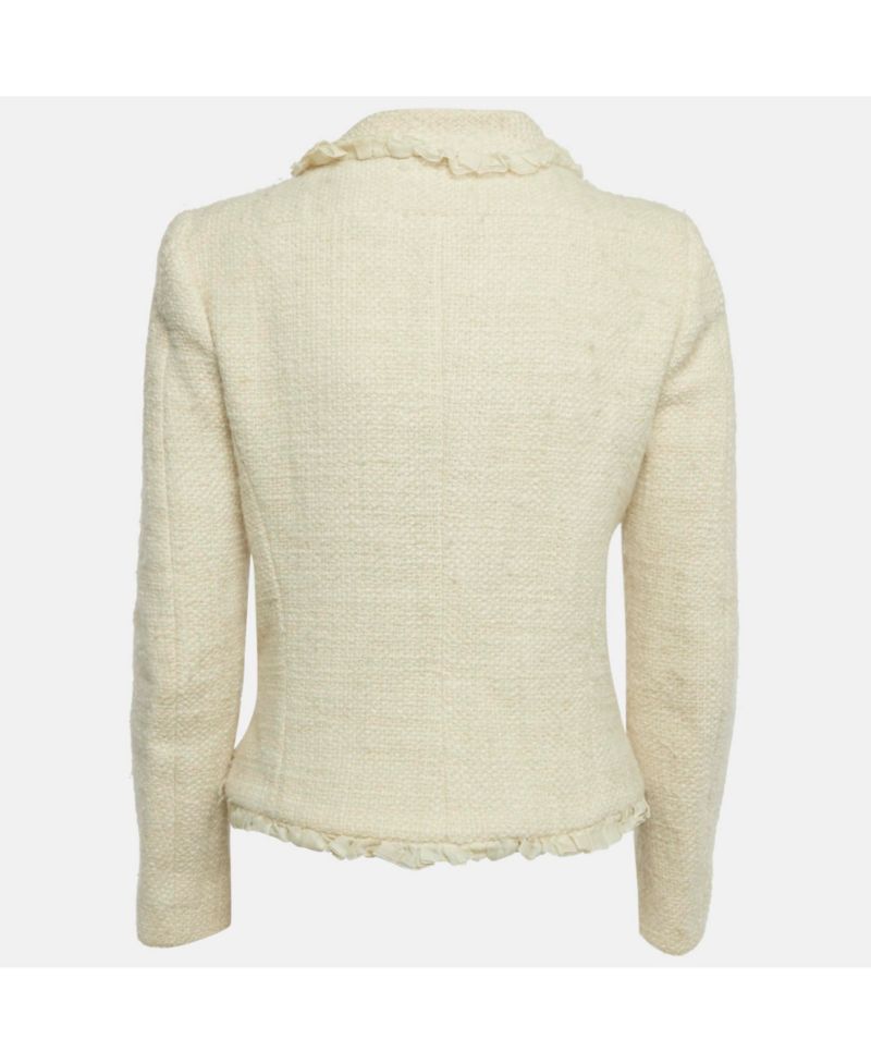 Women's Cream Tweed Ruffled Tie-Up Neck Detail Jacket