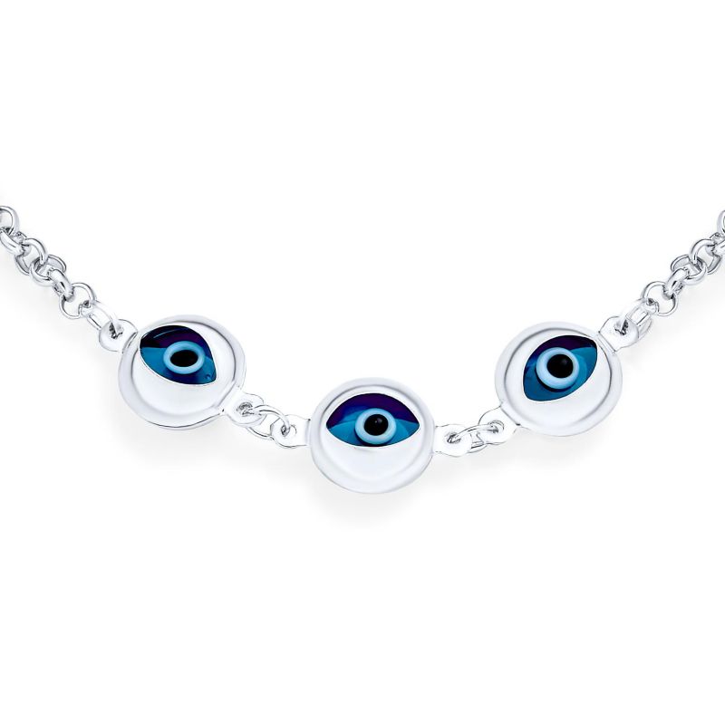 Turkish Blue Evil Eye Charm Chain Link Bracelet .925 Sterling Silver 7.5"