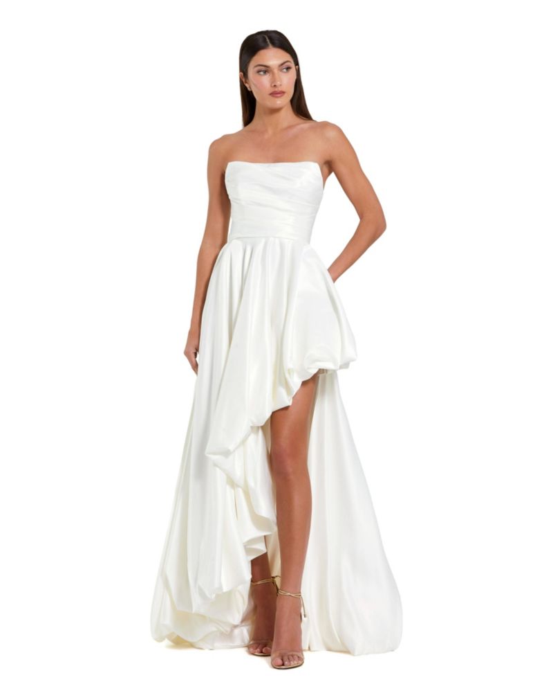 Petite Strapless High-Low Satin Gown with Draped Skirt