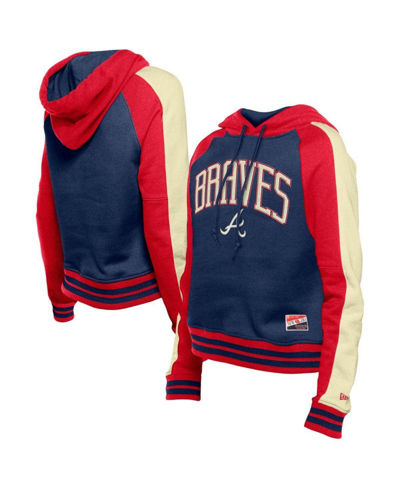 Women's Navy Atlanta Braves Cooperstown Collection Cropped Raglan Pullover Hoodie