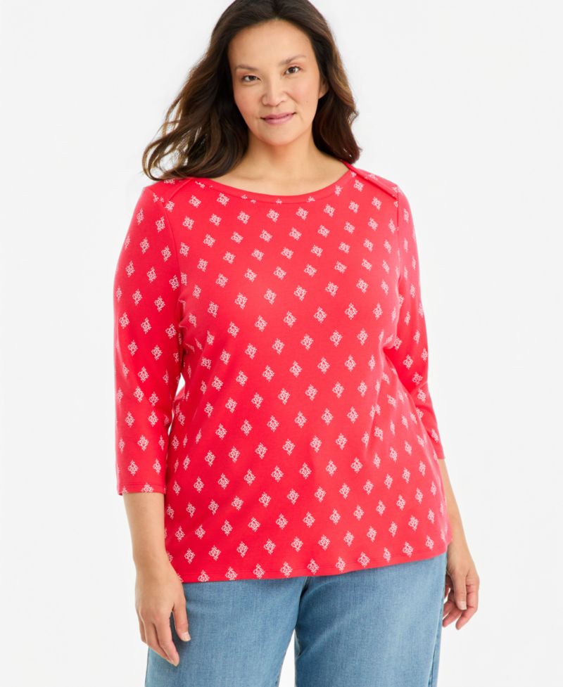 Plus Size Printed 3/4 Sleeve Boat-Neck Top