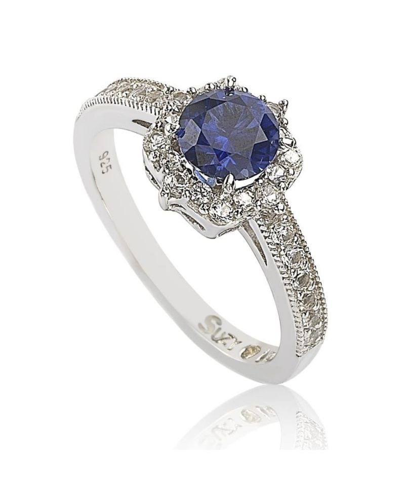 Suzy Levian Sterling Sapphire & Created Sapphire Eccentric Halo Center Stone Ring
