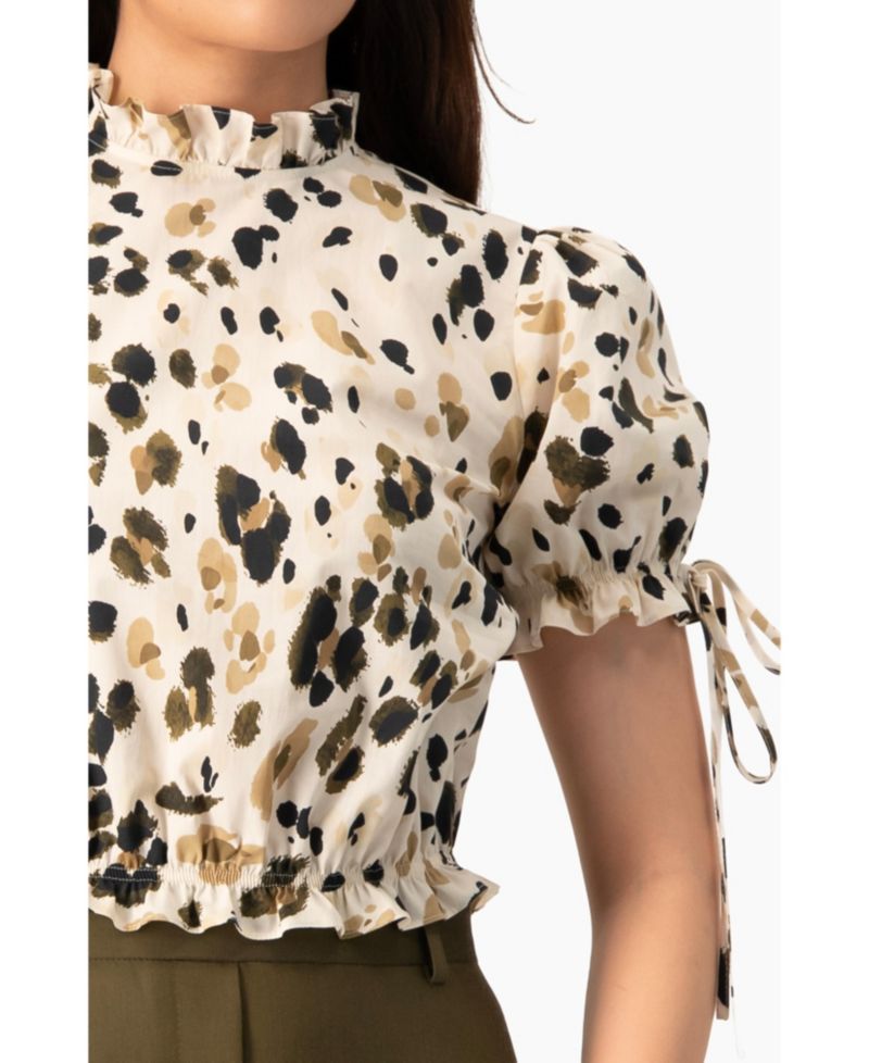 Women's Abstract Animal Print Crop Blouse, Puff Sleeve Ruffle Neck Top