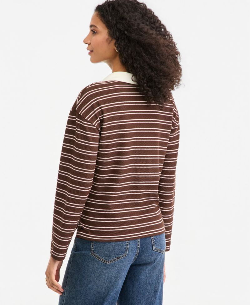 Women's Stripe Pique Long-Sleeve Polo Shirt