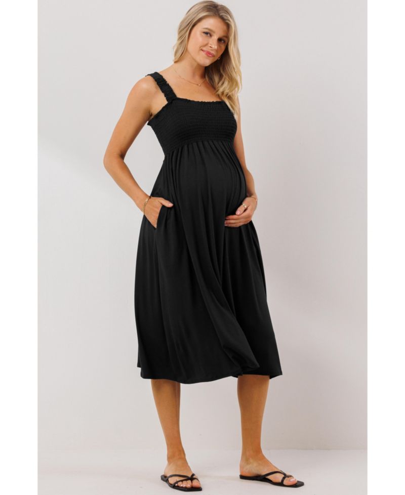Maternity Smocked Bodice Sleeveless Dress with Ruffle Straps