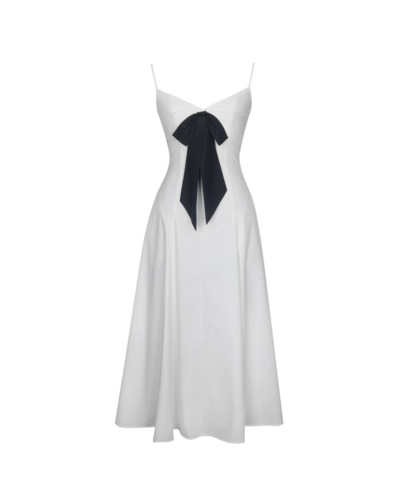 Women's Corinne White Poplin Flared Maxi Dress with Removable Bow
