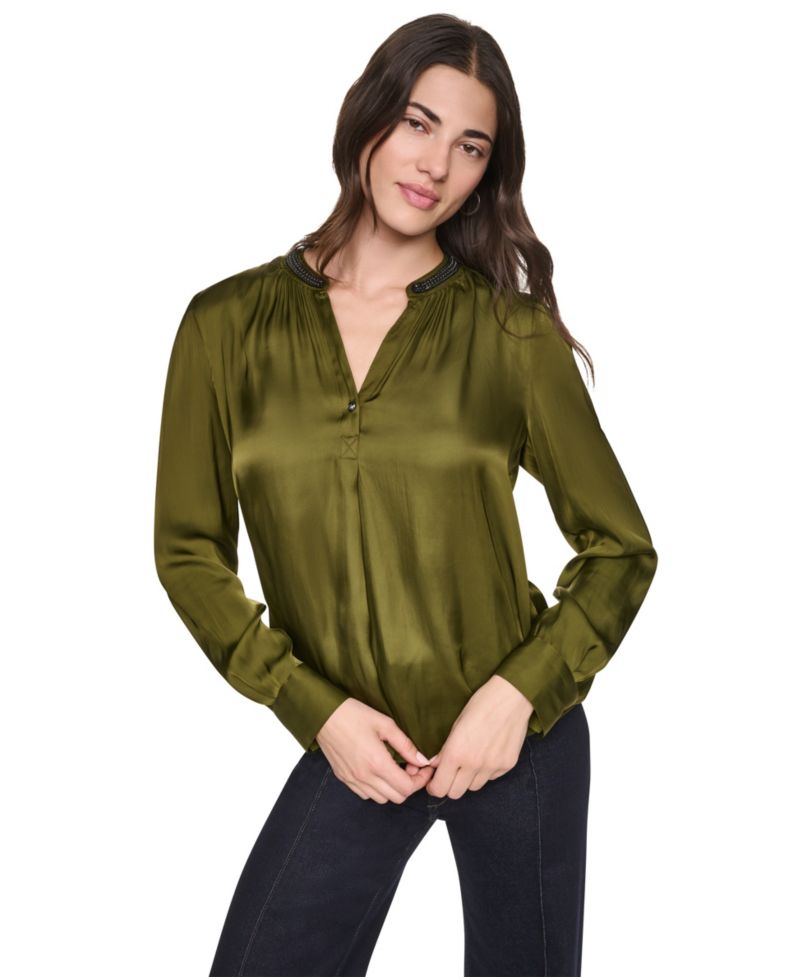 Women's V-Neck Satin Long-Sleeve Top