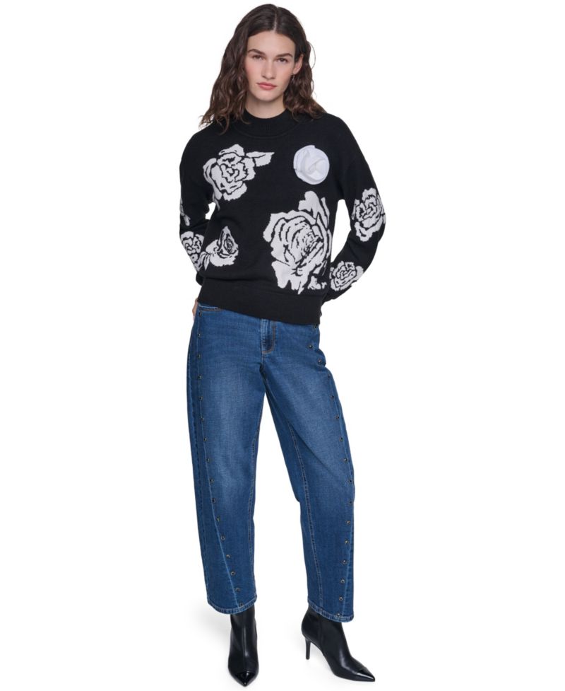 petite Mock-Neck Long-Sleeve Floral Sweater